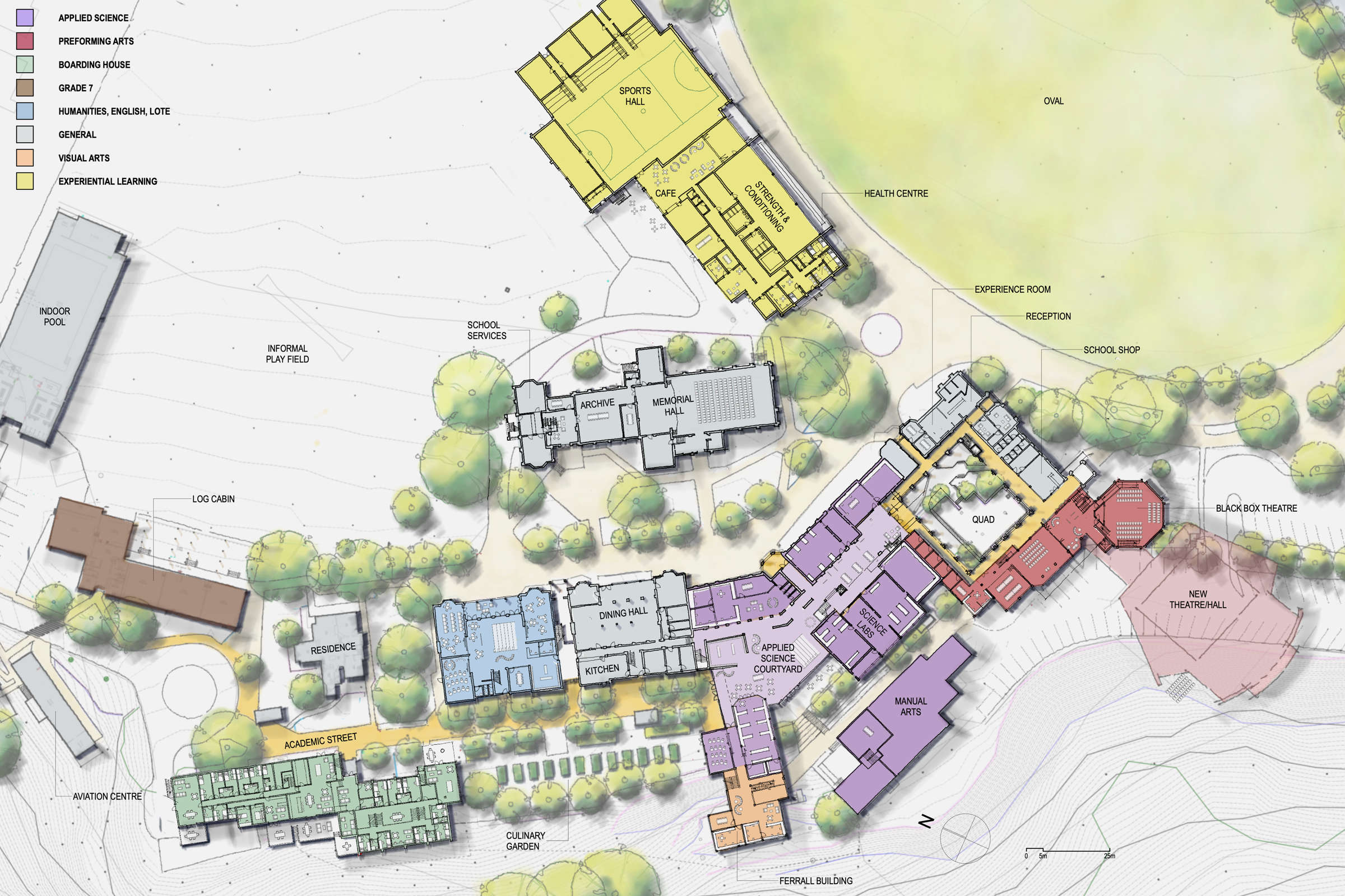 Launceston Church Grammar School Senior Campus Master Plan: An “academic street” comprised of multifunctional, engaging, and lively spaces, connects academic precincts along an activity spine at ground and first floor levels to create clear way finding across the campus. Plan by Morrison & Breytenba Photo by Morrison & Breytenbach Architects.