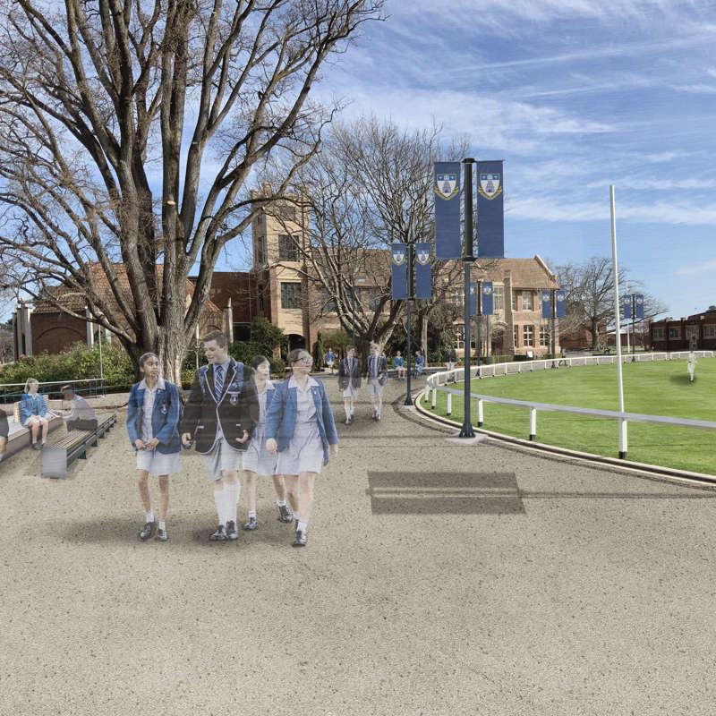 Launceston Church Grammar School Senior Campus Master Plan: The memorable arrival sequence emphasizes heritage features and the oval, improves pedestrian safety and reduces vehicular dominance and traffic congestion. Render by Morrison & Breytenbach Architects.