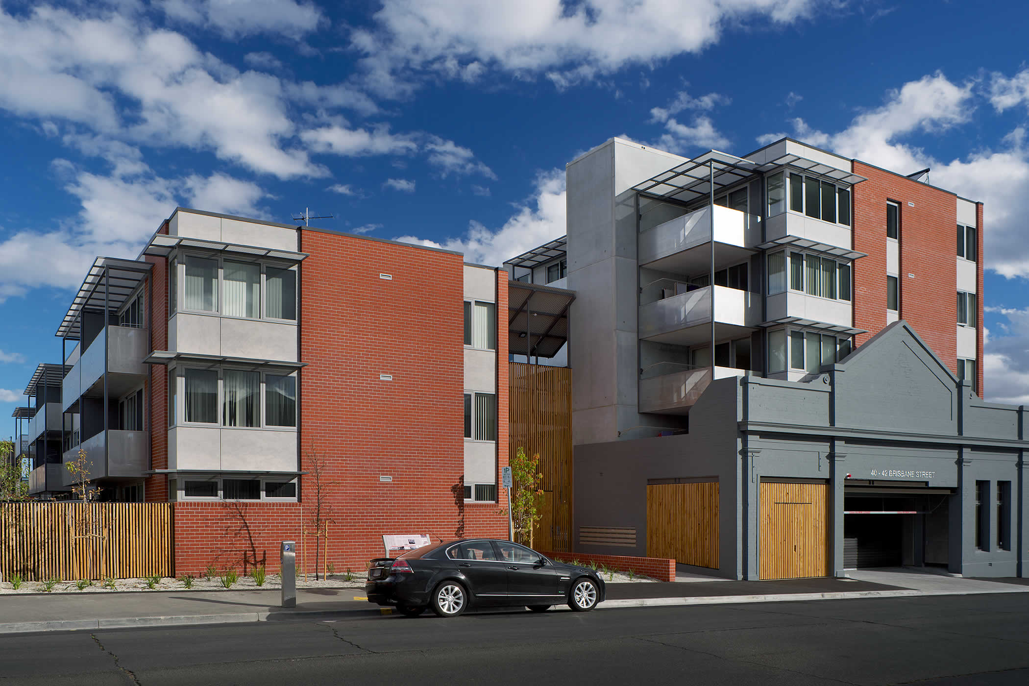 40 Brisbane Street, Hobart, Tasmania: Environmentally sustainable design (ESD) ensures northerly solar gain and a past warehouse facade incorporated into the entrance frontage provides historical continuity to the streetscape. Photo by Ray Joyce.