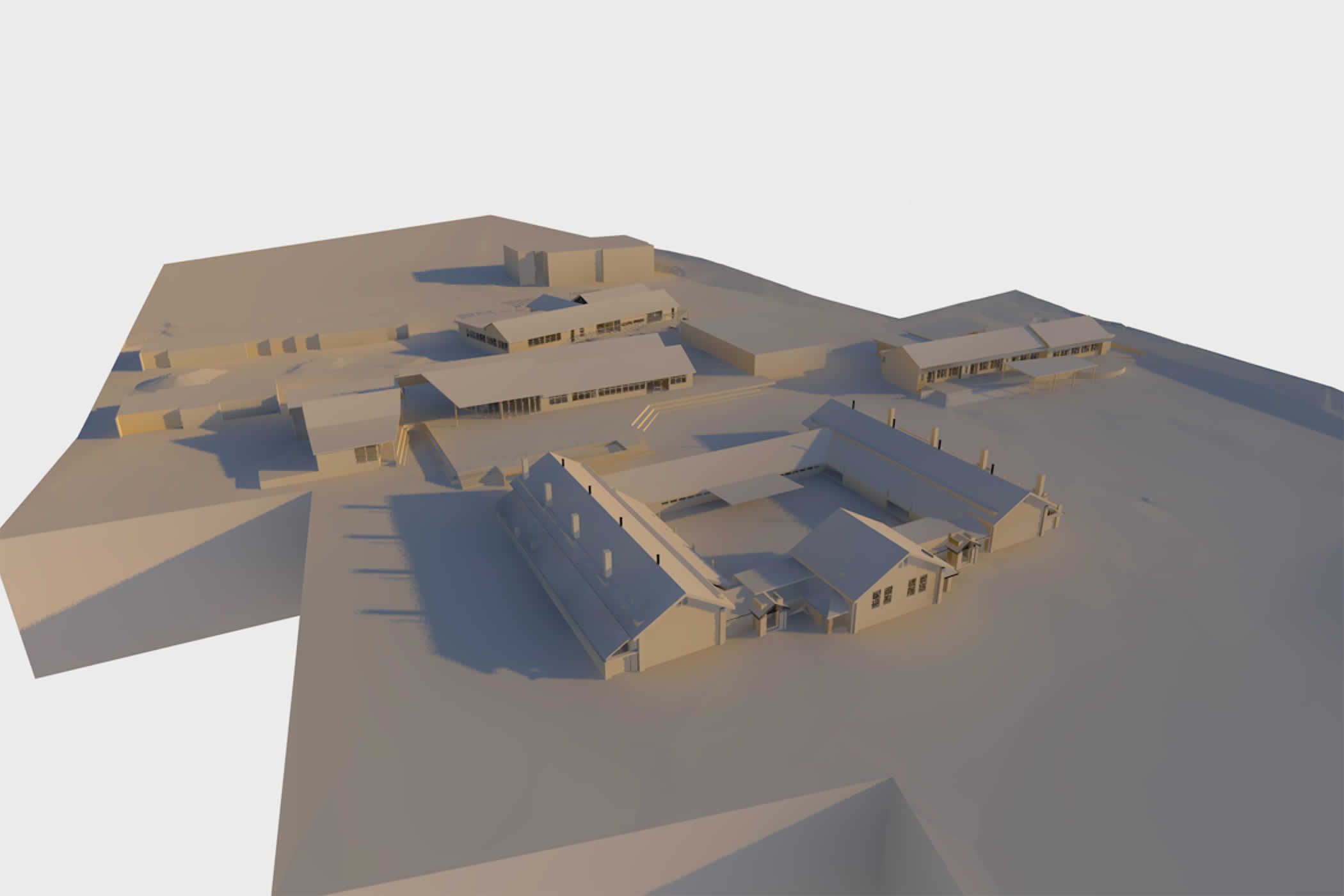 Glenorchy Primary School master plan, Glenorchy, Tasmania: 3D model of arrival approach from Kensington Street towards the new administration and student support buildings.