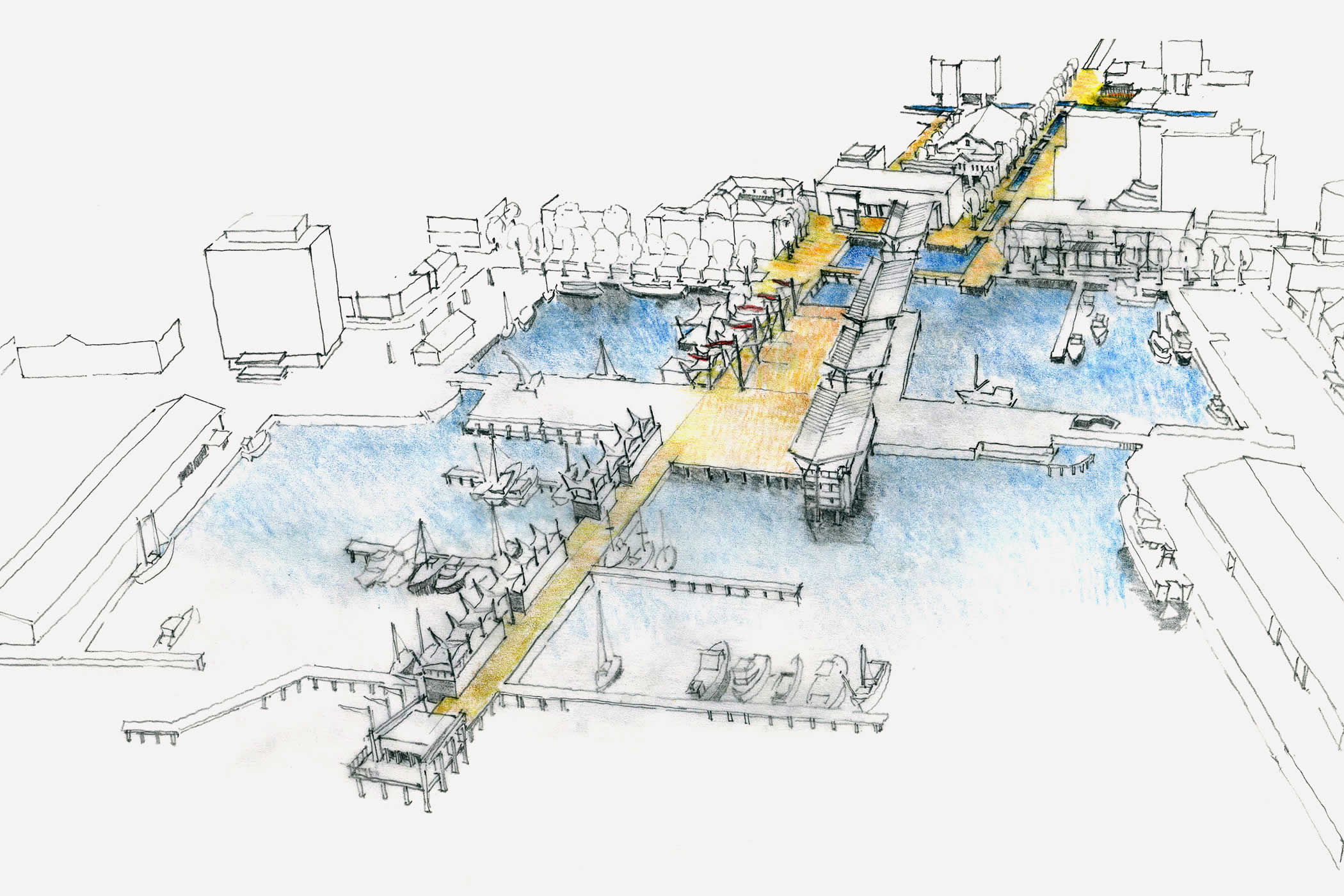 Hobart Waterfront International Design competition, Hobart, Tasmania: Our master plan brainstormed ideas for creating connection between river, city, mountain, sky, settlement, heritage, community, culture, and the arts.
