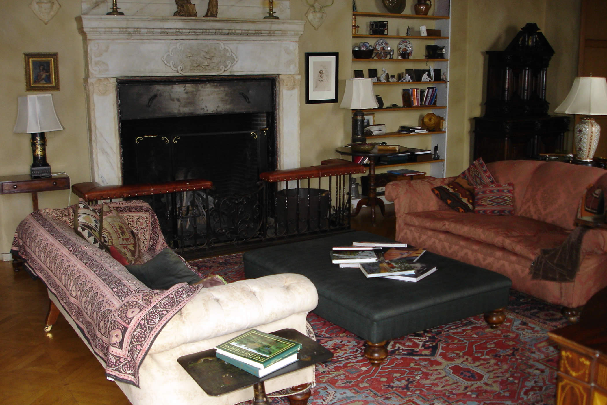 Grand Room Fireplace Insert, the James House, Carmel Highlands, California: Morrison & Breytenbach Architects designed the wrought iron panel insert to improve the draw of the Grand Room fireplace by Charles Greene. 