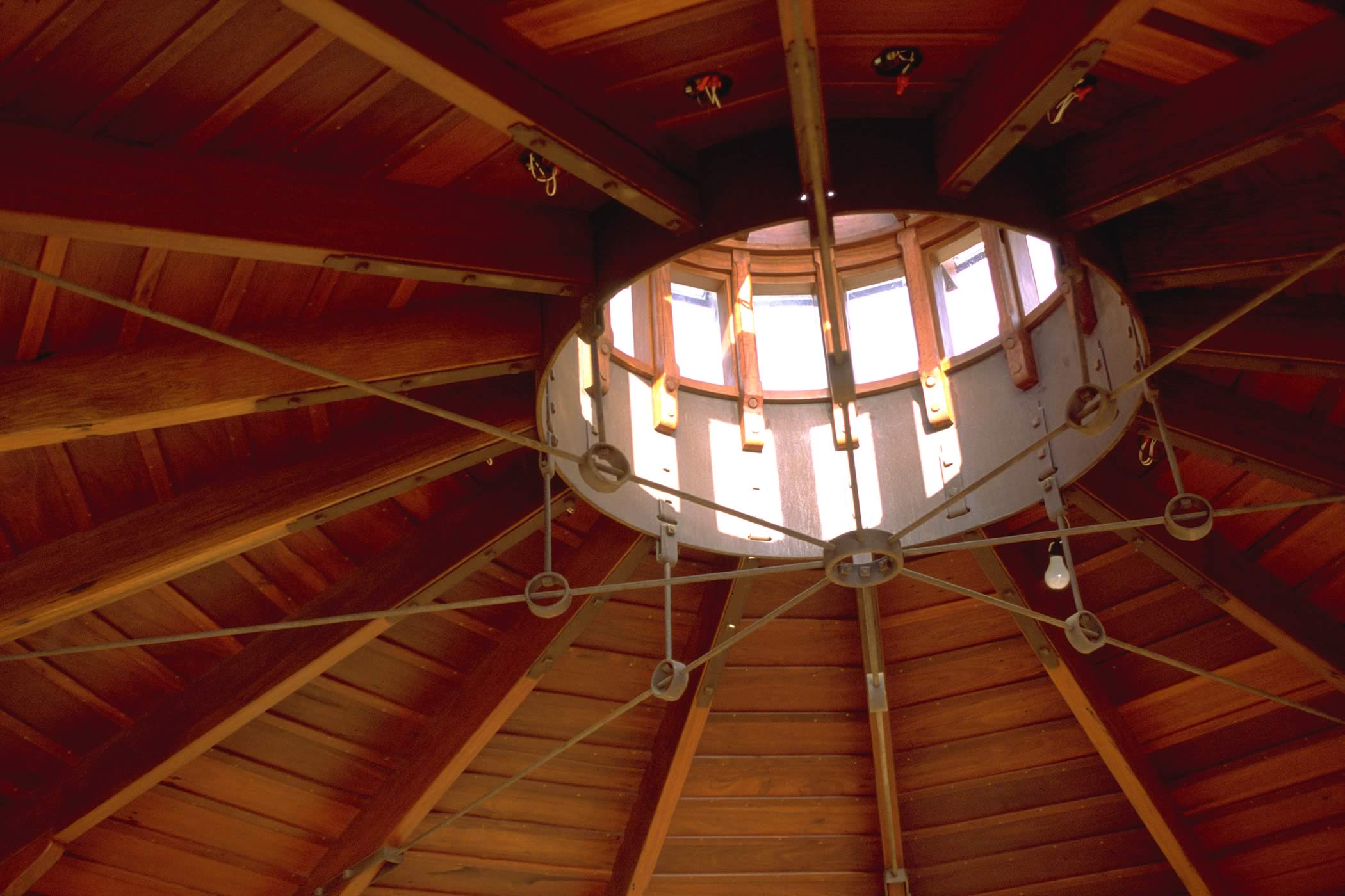 The James House Greenhouse, Carmel Highlands, California: A structural recycled timber roof lantern of mixed eucalyptus hardwood caps the rotunda bringing in high level natural light. Photo by James Morrison.