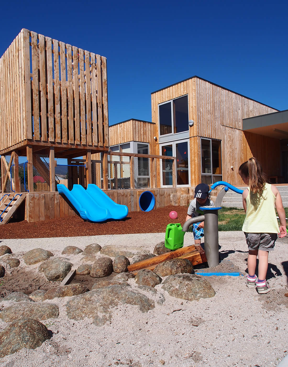 Ptunarra Child and Family Centre, New Norfolk, Tasmania: Bold sculptural forms, vertical timber cladding and environmentally sustainable design achieves an energy efficient building with a distinctive sense of place. Photo by Yvette Breytenbach.