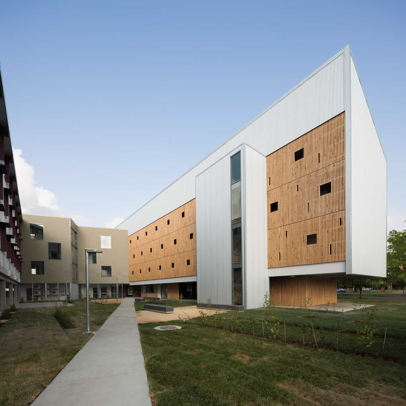 UTAS Inveresk Student Residences, Tasmania: A diagonal desire line delivers pedestrians and cyclists through greened social courtyards beneath the building circulation core linking contrasting facades and the apartment wings. Photo by Thomas Ryan.