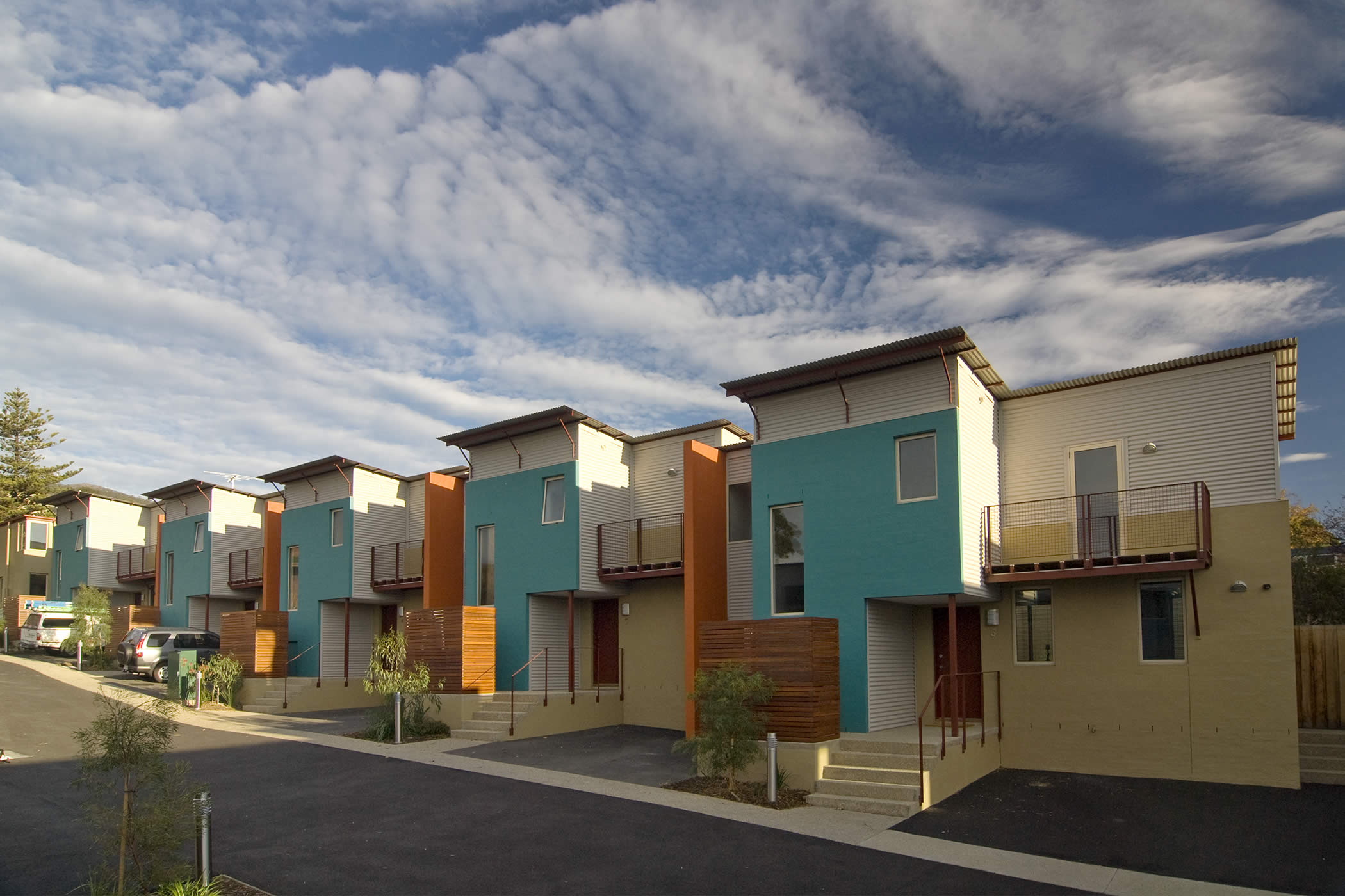 Viridian, 301 Murray Street, Hobart: Viridian consists of thirteen, quality, two and three bedroom contemporary, energy efficient townhouses, with unique and distinctive aesthetics, situated in a prime inner city location. Photo by Jonathan Wherrett.