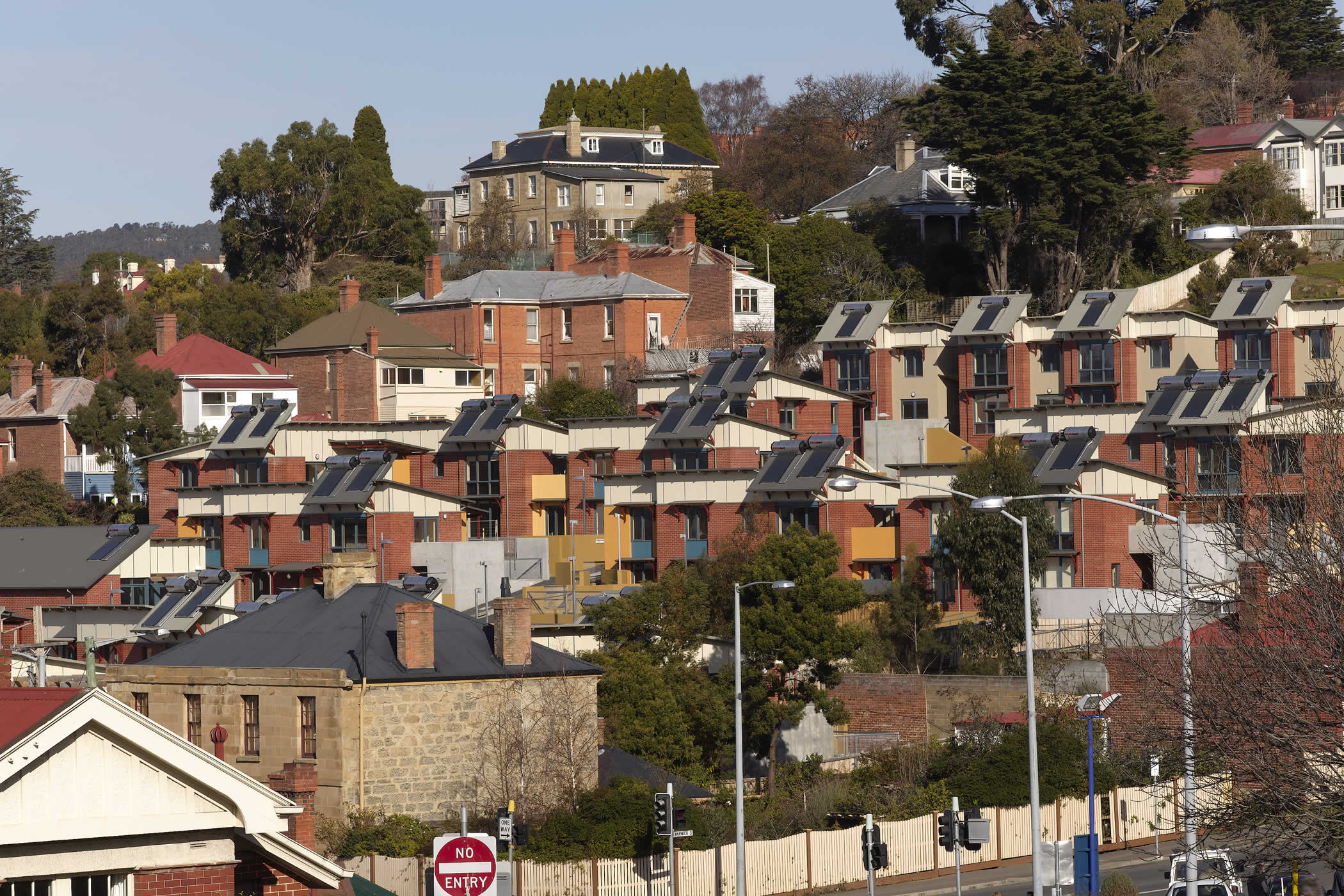 Walford Terraces, Hobart: Distinctive solar roof panels signal the project’s ground breaking environmentally sustainable design (ESD) approach in Hobart at the time of its construction. Photo by Peter Whyte.