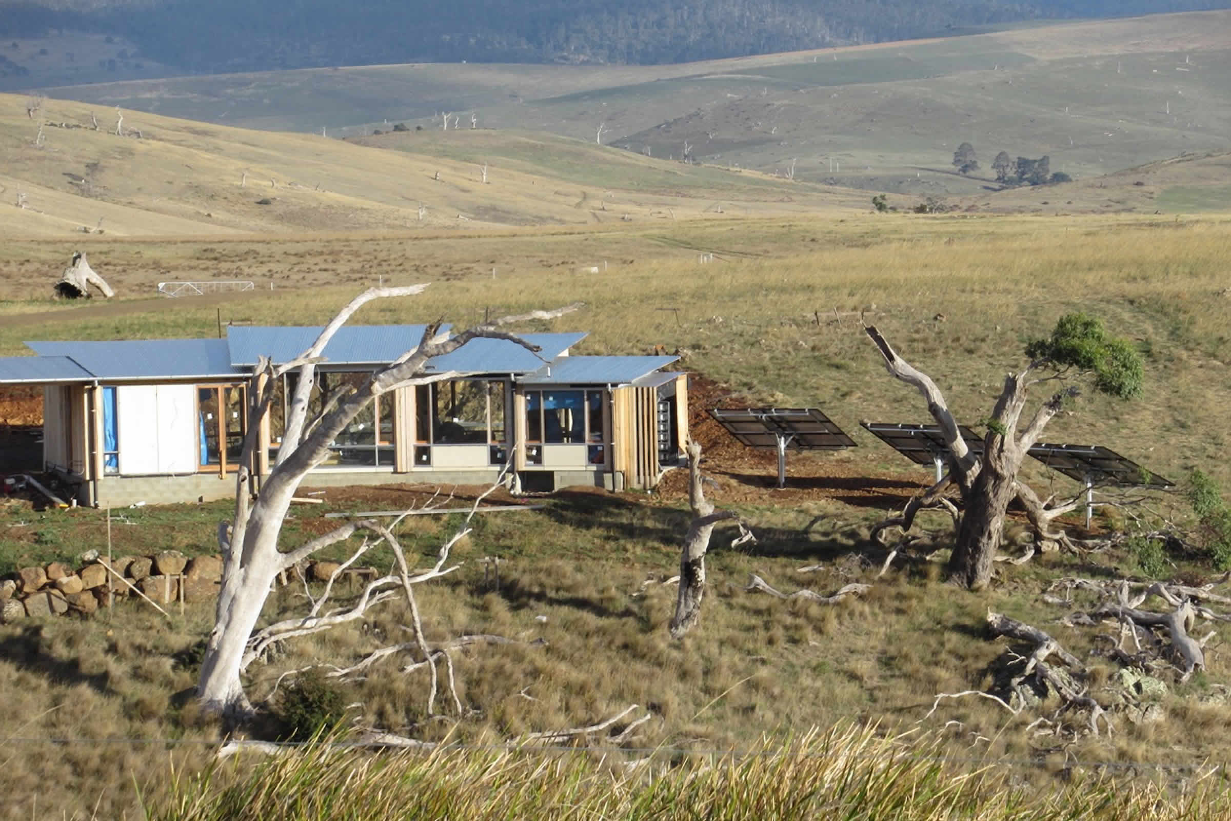 White Gum Wool, Oatlands, Tasmania: The off-grid energy efficient farmhouse has photovoltaic power and solar hot water. Hydronic floor heating and passive solar design features ensure constant year round temperature comfort. Photo by Nan Bray.